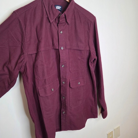 Lands End Mens Utility Shirt Burgundy Maroon Long Sleeve Cotton Multi Pocket M - Picture 2 of 5